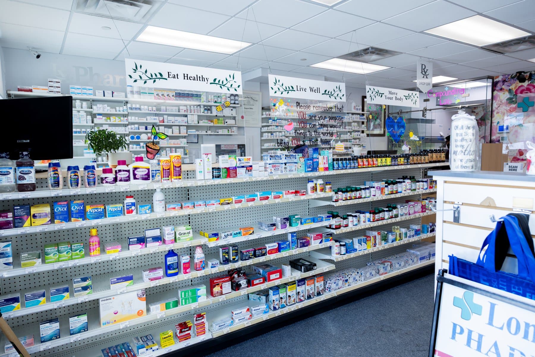 Longfields Pharmacy interior — drug interactions guide