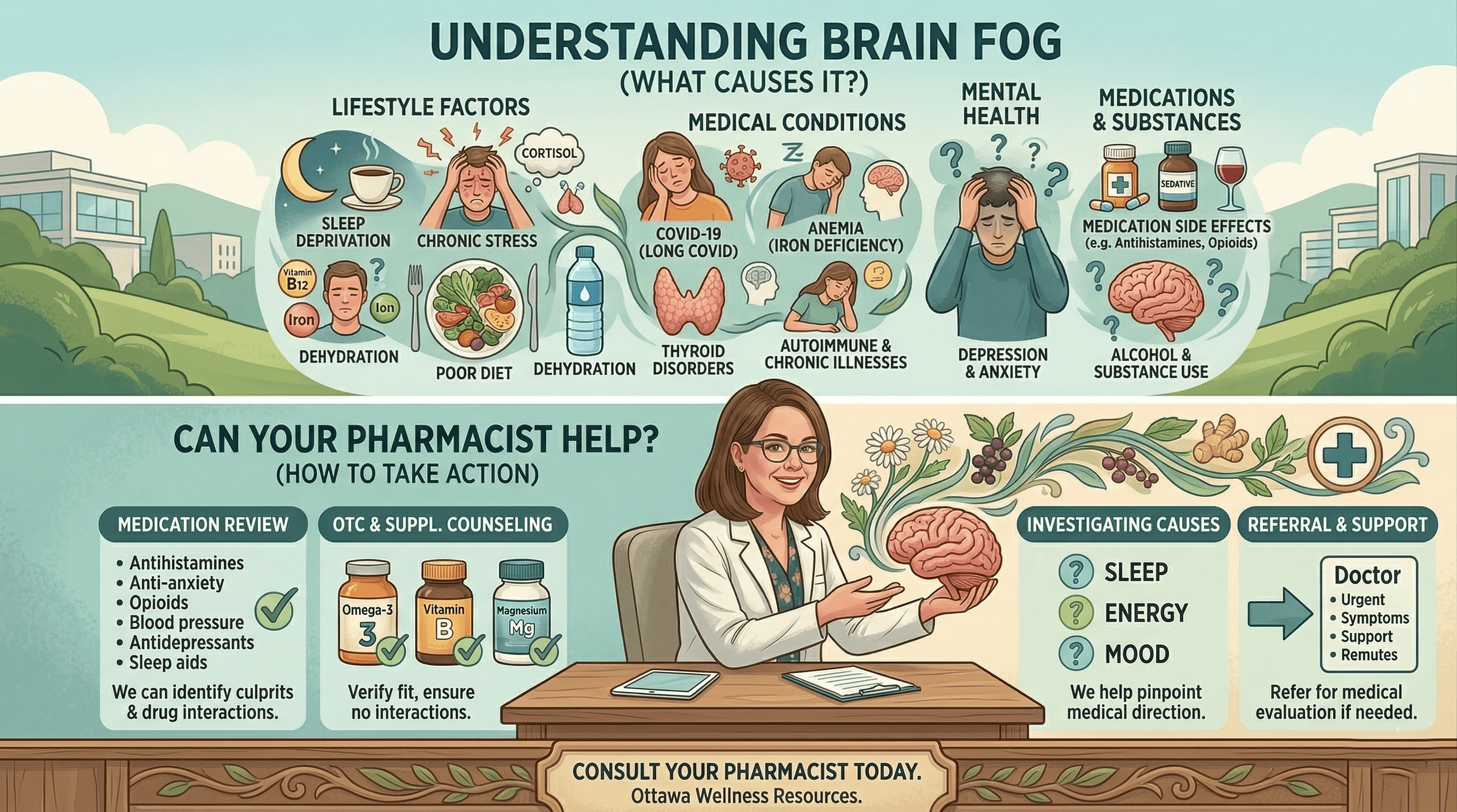 Pharmacist counselling a patient about brain fog at Longfields Pharmacy Ottawa